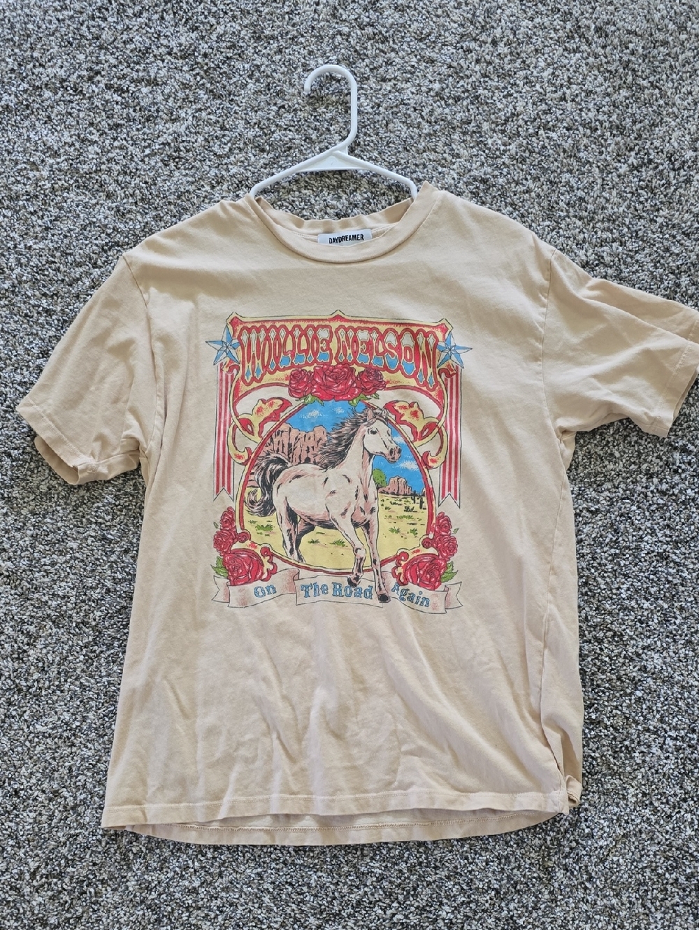 Daydreamer Beige Tee with Red & Blue Horse Graphic